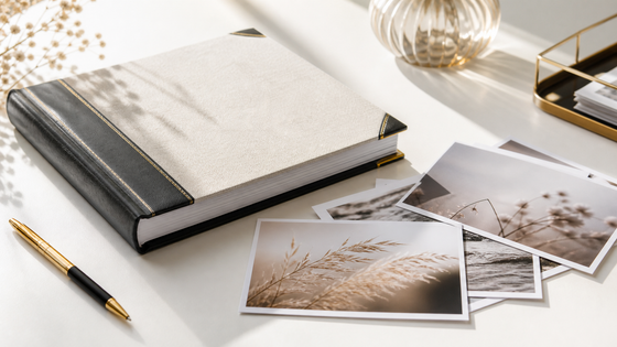 Album fotograficzny na jasnym stole obok odbitek 10x15.