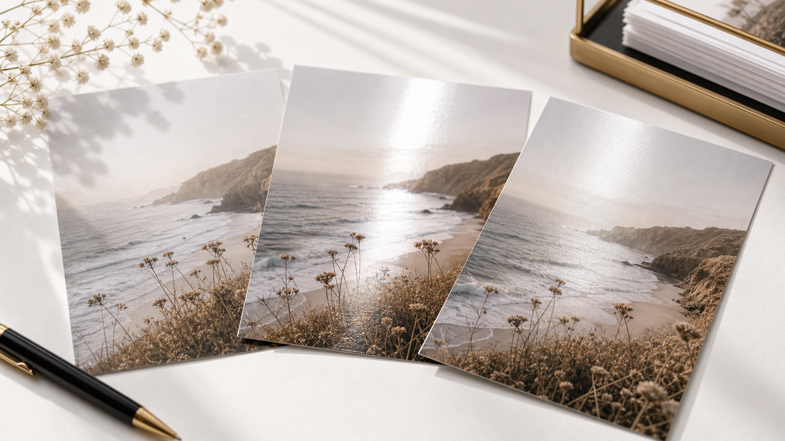 Próbki papieru fotograficznego z różnymi wykończeniami.